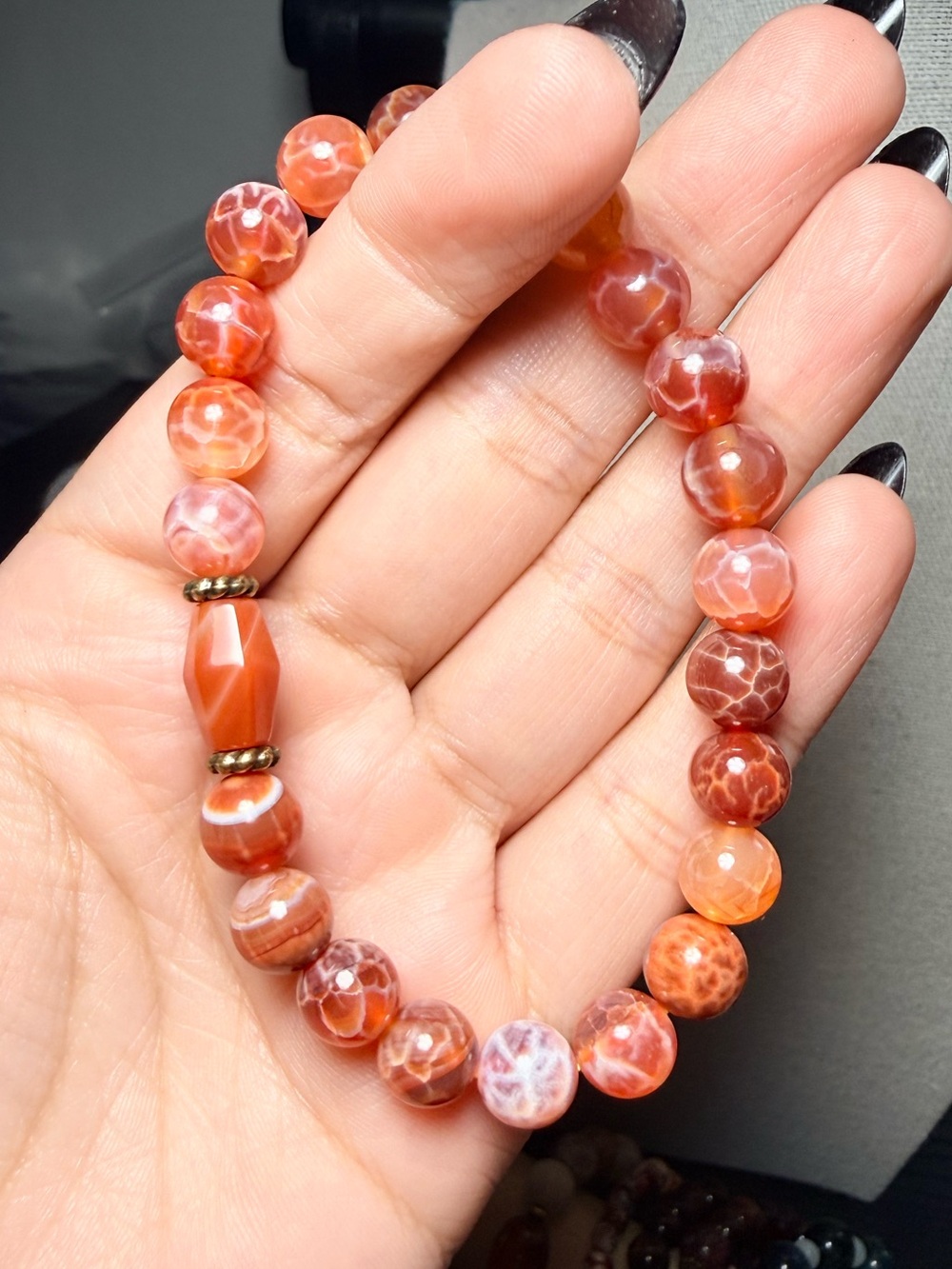 8mm Fire Agate Bracelet with Carnelian Accent - Picture 2 of 3
